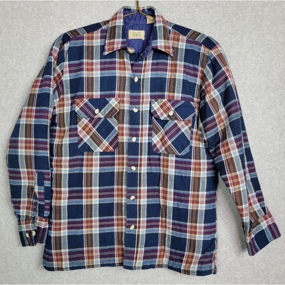 Vintage Sears Mens Plaid Flannel Shirt Jacket‎ Quilted Lined Blue Burgundy M